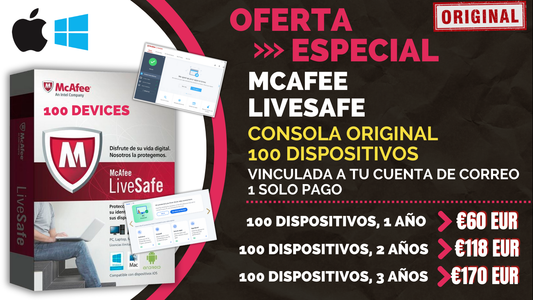 McAfee Livesafe - 100 Dispositivos - (1, 2 y 3 años) - GLOBAL