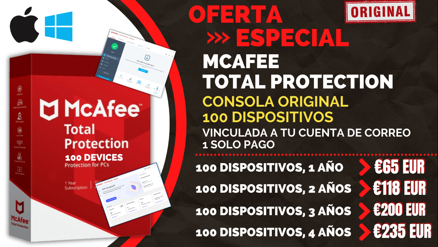 McAfee Total Protection - 100 Dispositivos - (1,2, 3 y 4 años) - GLOBAL