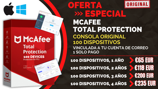 McAfee Total Protection - 100 Dispositivos - (1,2, 3 y 4 años) - GLOBAL