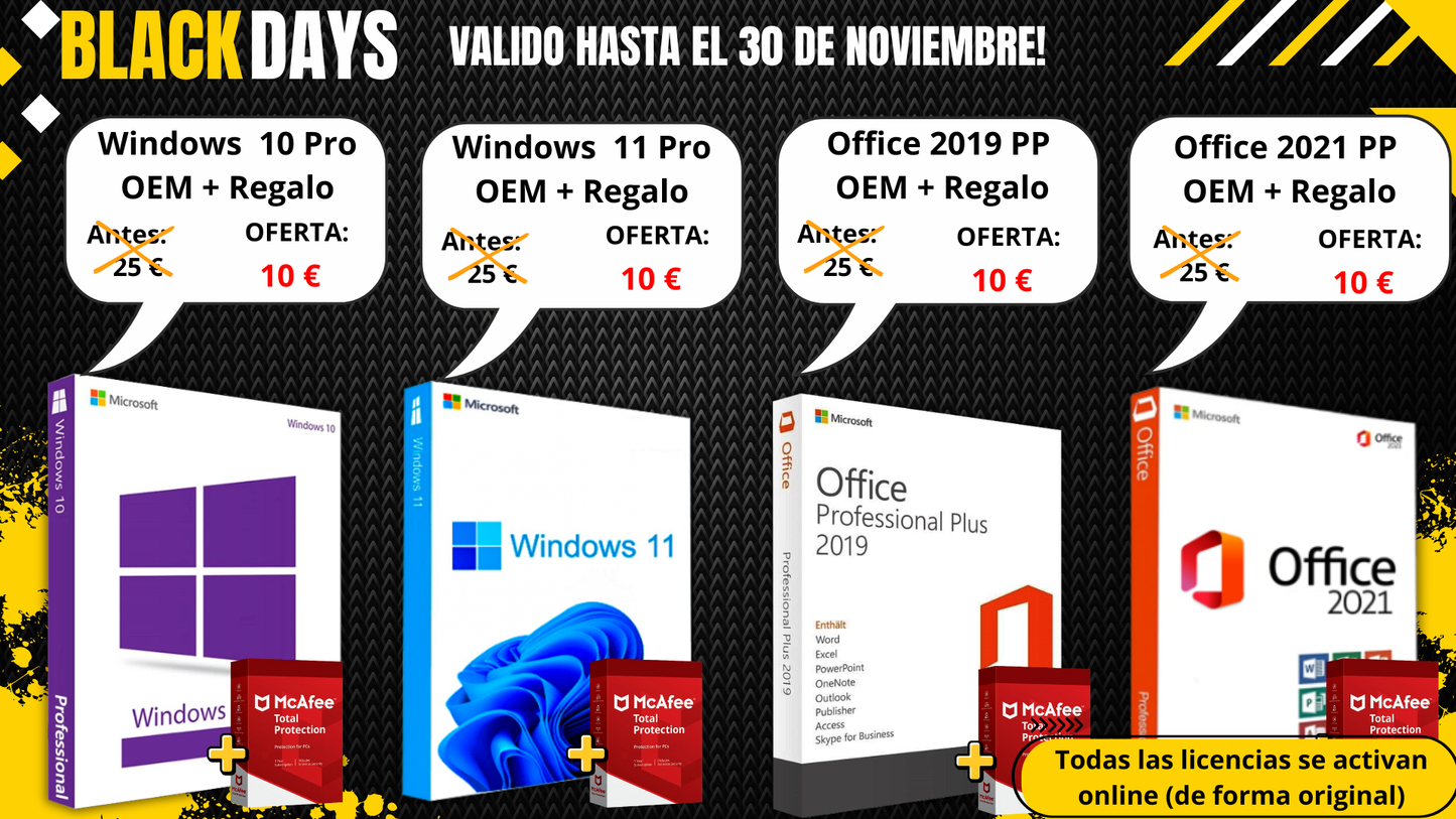 Promoción Black Days: Windows 10/11 Pro OEM & Office 2019/2021 Pro OEM